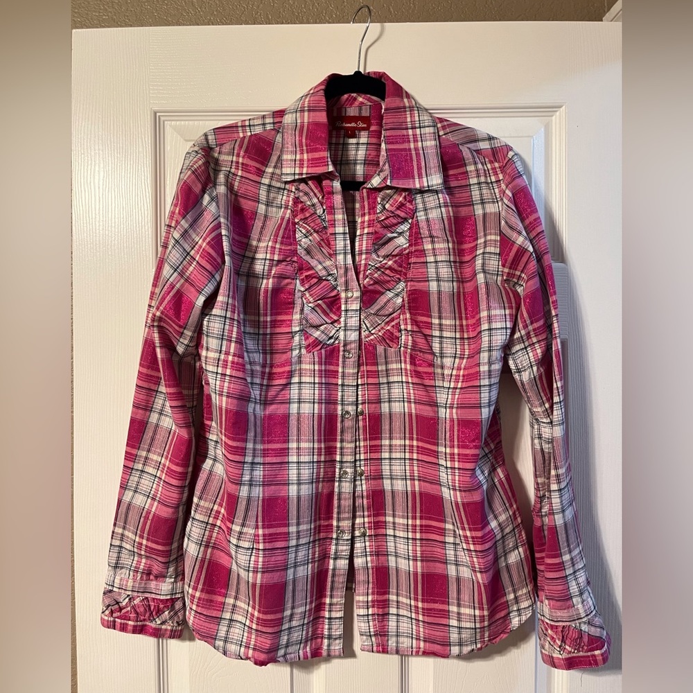 Panhandle Slim Size Large Long Sleeve Pearl Snap Pink Plaid Button up shirt